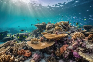 coral reef with schools of colorful fish swimming among the corals, created with generative ai