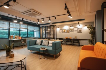 co-working space with lounge area and coffee bar, providing a relaxing environment for freelancers, created with generative ai
