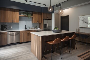 co-working space with communal kitchen, featuring sleek countertops and stainless steel appliances, created with generative ai