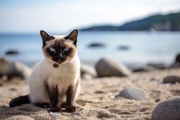 Medium shot portrait photography of a curious siamese cat crouching against a beach background. With generative AI technology