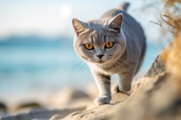 Obraz premium Full-length portrait photography of a funny british shorthair cat wall climbing against a beach background. With generative AI technology