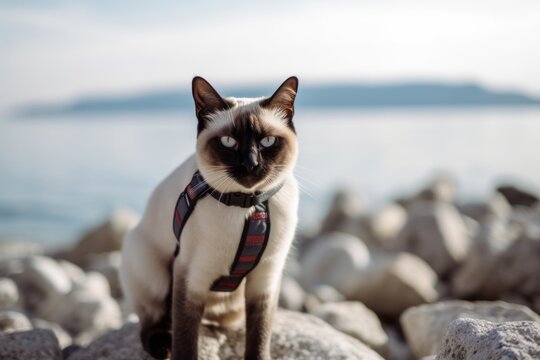 Lifestyle portrait photography of a smiling siamese cat climbing against a beach background. With generative AI technology
