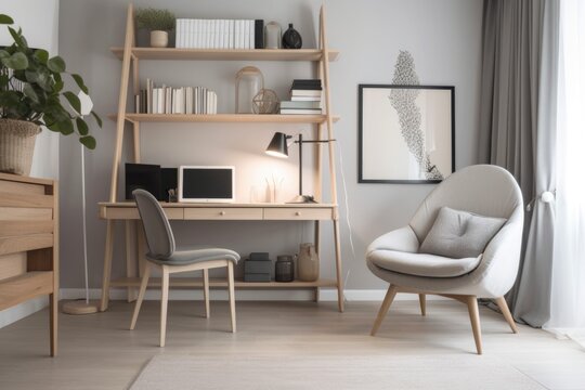 a cozy reading nook with a bookcase, desk, and lamp in a minimalist room, created with generative ai