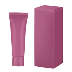 Set of  burgundy red plastic tube and box. Realistic mockup. Ointment or salve. Gel serum. Korean packaging. Blank cardboard package