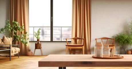 empty wooden table with blurred modern apartment with window background, generative ai generated