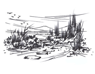 illustration of landscape pen drawing for card decoration illustration