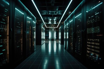 data center with rows of servers, each one with blinking led lights, created with generative ai