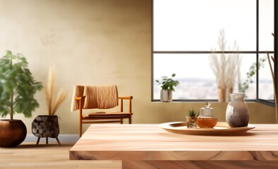 clean brown wooden table product display blurred modern living room decor interior, generative ai