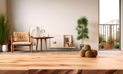 empty wooden table with blurred modern cozy apartment interior background, generative ai