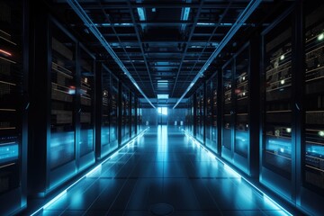 Fototapeta premium data center filled with humming servers and buzzing lights, created with generative ai