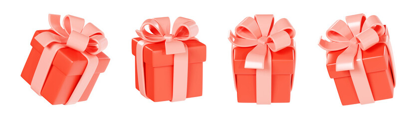 Red gift box with pink ribbon and bow 3d render illustration - set of flying present packages.
