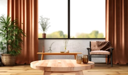 wooden rounded table with blurred minimal cozy apartment interior background, generative ai