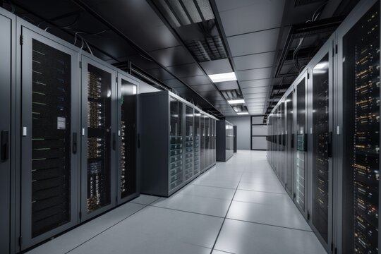 data center with rows of servers and cooling systems in the background, created with generative ai