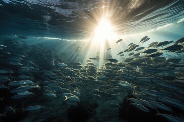 a school of fish swimming through an illuminated seascape, created with generative ai