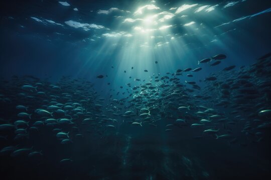 a school of fish swimming through an illuminated seascape, created with generative ai