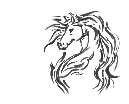 horse head silhouette pen drawing for card illustration decoration