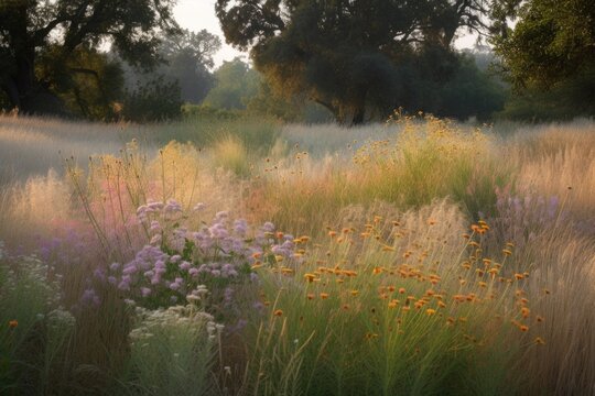 mass of drought-tolerant and native plants in field of sweeping grasses, created with generative ai