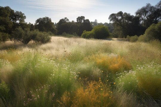 mass of drought-tolerant and native plants in field of sweeping grasses, created with generative ai