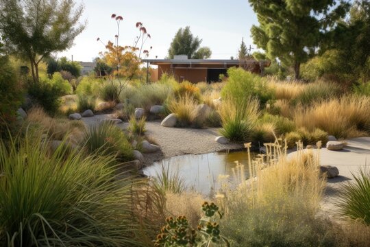 drought-tolerant garden with native plants, surrounded by water features and greenery, created with generative ai