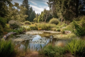 Fototapeta na wymiar serene pond surrounded by tall native plants, a perfect oasis for wildlife, created with generative ai