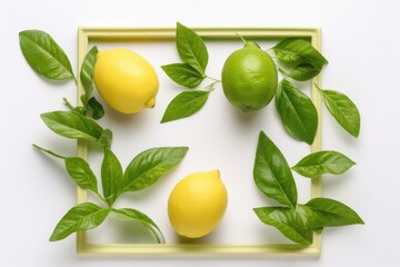 composition with lime and lemon and green leaves in a wooden frame on a white background, Generative AI
