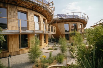 eco-friendly hotel with solar panels and recycled materials in the rooms, created with generative ai