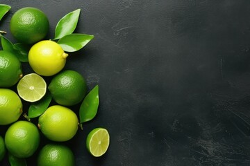 fresh green limes on black dark stone background. text space, Generative AI