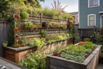 edible landscape with vertical garden, herbs, and fruit trees, created with generative ai