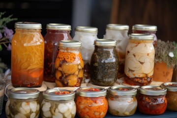 fermented foods market with a variety of local and international fermented foods for sale, created with generative ai