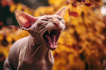 Environmental portrait photography of a happy sphynx cat growling against an autumn foliage background. With generative AI technology
