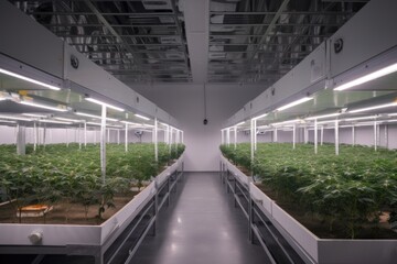 high-tech grow room with automated lighting and ventilation systems, created with generative ai
