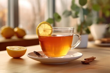 cup with tea and lemon on table in sunny kitchen, Generative AI