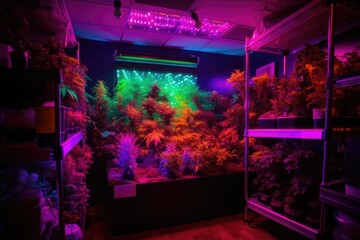home-grow with blacklights and glowing plants for a trippy effect, created with generative ai