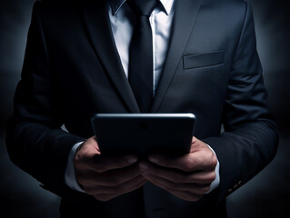 Motivated Businessman Staying Connected and Informed with Tablet in Dynamic Business Environment