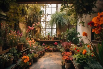 Fototapeta na wymiar vibrant indoor garden filled with diverse plant life, including foliage and blooming flowers, created with generative ai