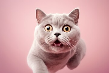 Obraz premium Close-up portrait photography of a funny british shorthair cat leaping against a pastel or soft colors background. With generative AI technology