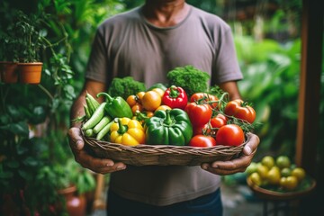 a man holds a basket with a mix of fresh vegetables and herbs, Generative AI