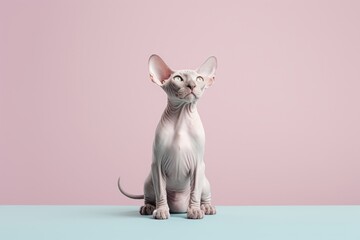 Full-length portrait photography of a funny sphynx cat playing against a pastel or soft colors background. With generative AI technology