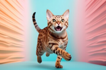 Fototapeta na wymiar Environmental portrait photography of a smiling bengal cat pouncing against a pastel or soft colors background. With generative AI technology