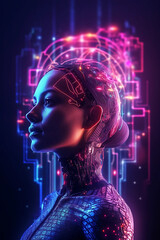 Young woman in virtual reality on dark background. Virtual reality, future technology concept, neon light. Artificial intelligence