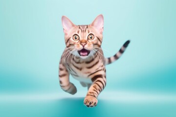 Environmental portrait photography of a smiling bengal cat pouncing against a pastel or soft colors background. With generative AI technology