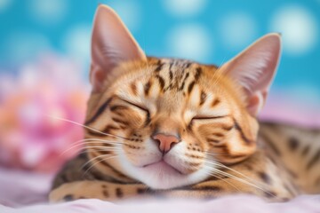 Medium shot portrait photography of a happy bengal cat sleeping against a pastel or soft colors background. With generative AI technology