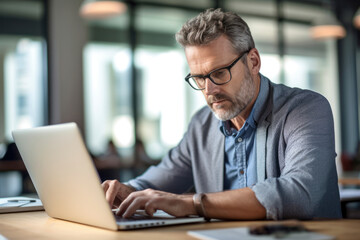 Handsome mature man in suit sitting at the table in home office and working at laptop. AI Generative
