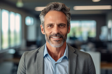 Boss man looking at camera and smiling, young businessman banker with beard photo with close up portrait. AI Generative