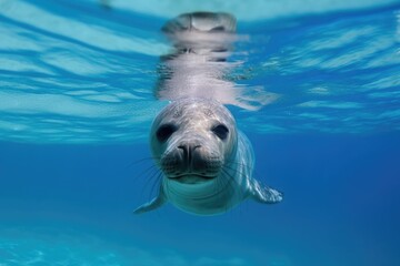 Fototapeta premium marine mammal swimming through clear blue water, created with generative ai