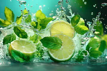 fresh lime with green leaves and splashes of water, Generative AI