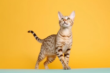 Environmental portrait photography of a happy ocicat hopping against a pastel or soft colors background. With generative AI technology