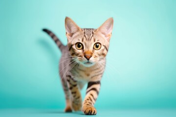 Environmental portrait photography of a happy ocicat hopping against a pastel or soft colors background. With generative AI technology