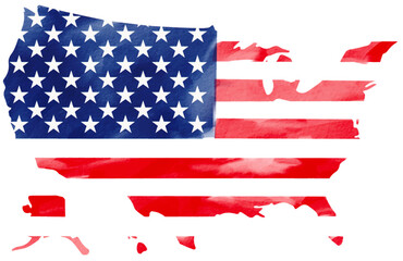 Hand draw USA flag on America map watercolor  brush paint isolate on white background. Vector illustration 