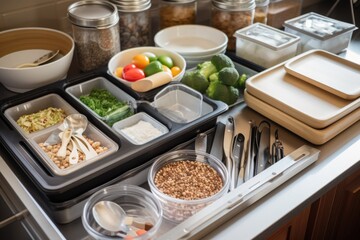 meal prep station, with ingredients, measuring spoons and utensils for healthy cooking, created with generative ai